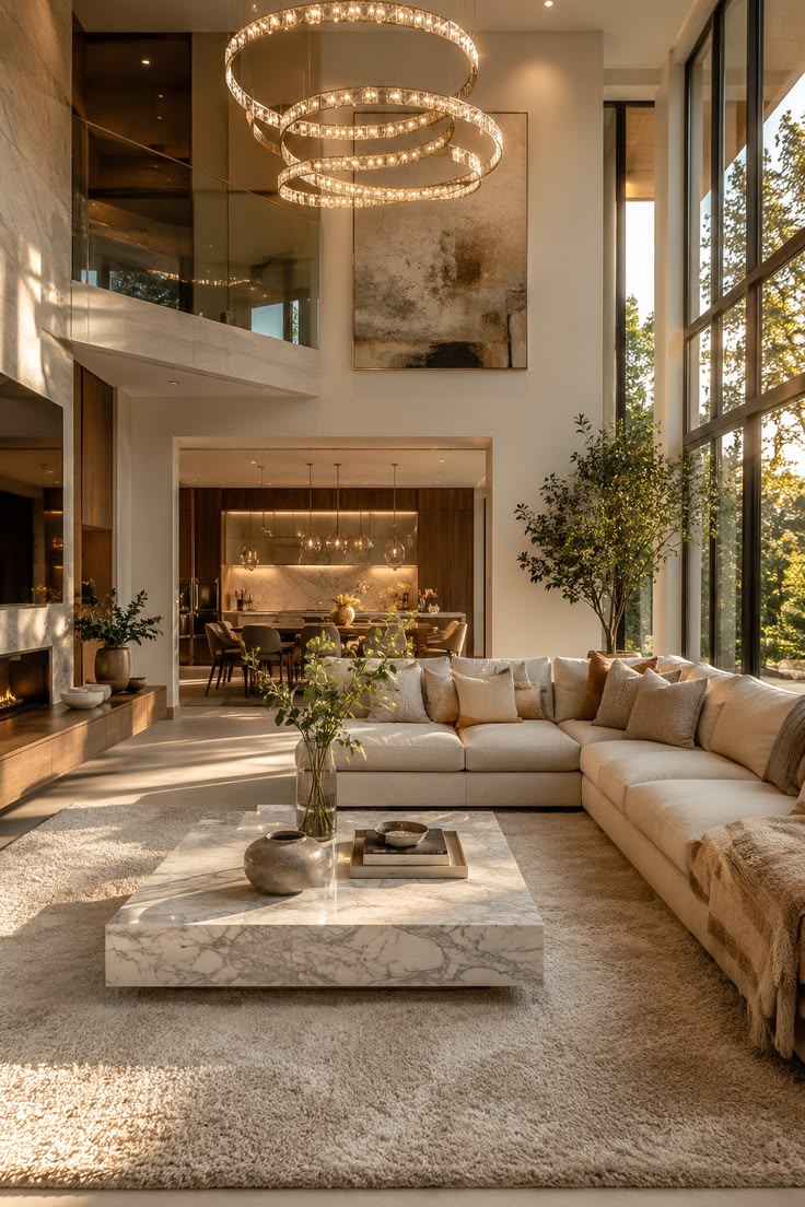 Modern elegant living room with statement chandelier