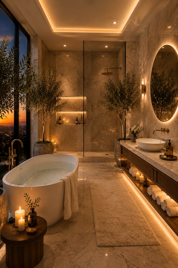 Luxury spa bathroom retreat at dusk